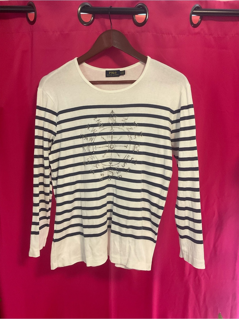 Ralph Lauren White Knit Top with Navy Stripe